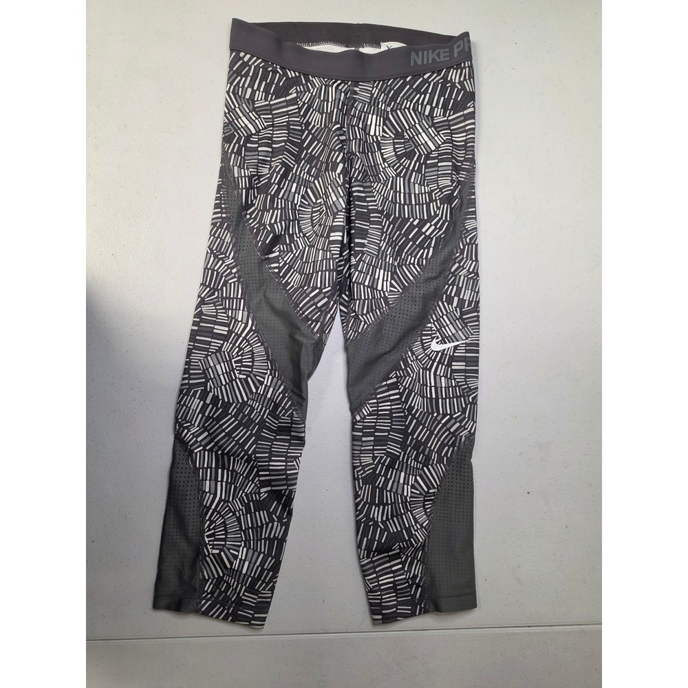 Nike Pro Womens Gray White Geometric Print Mesh Panel Cropped Leggings Size M